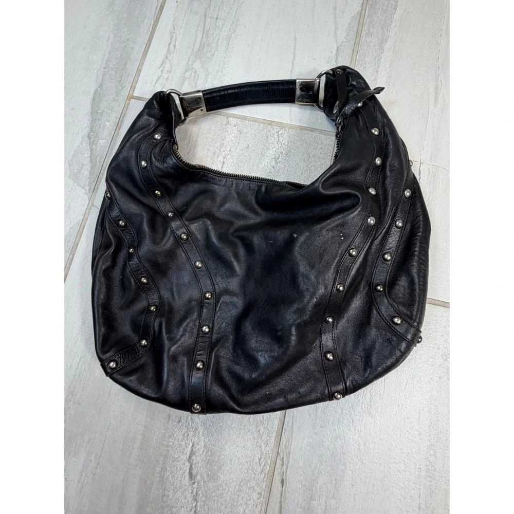 Stuart Weitzman Black Leather Studded Hobo Shoulder Bag Silver Hardware